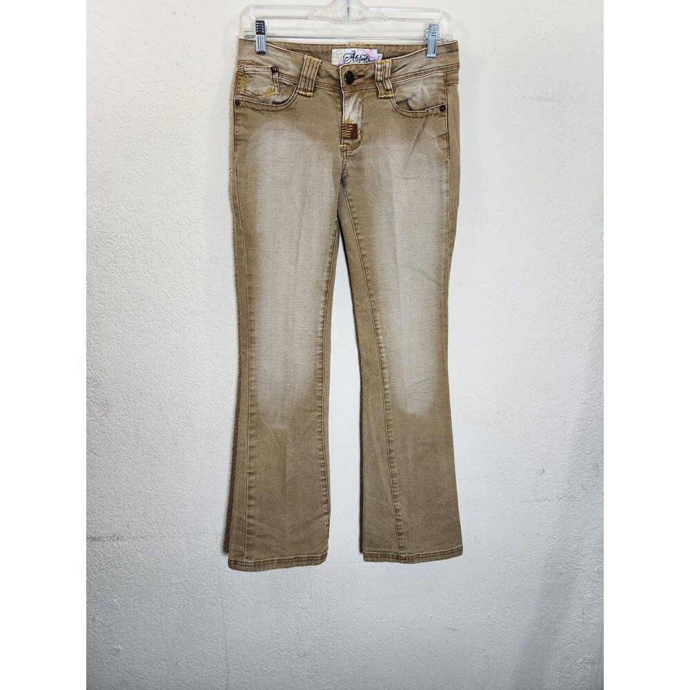 Akademiks Womens Jeans 27 Tan Distressed Wash Y2K Bootcut Embroidered Pockets